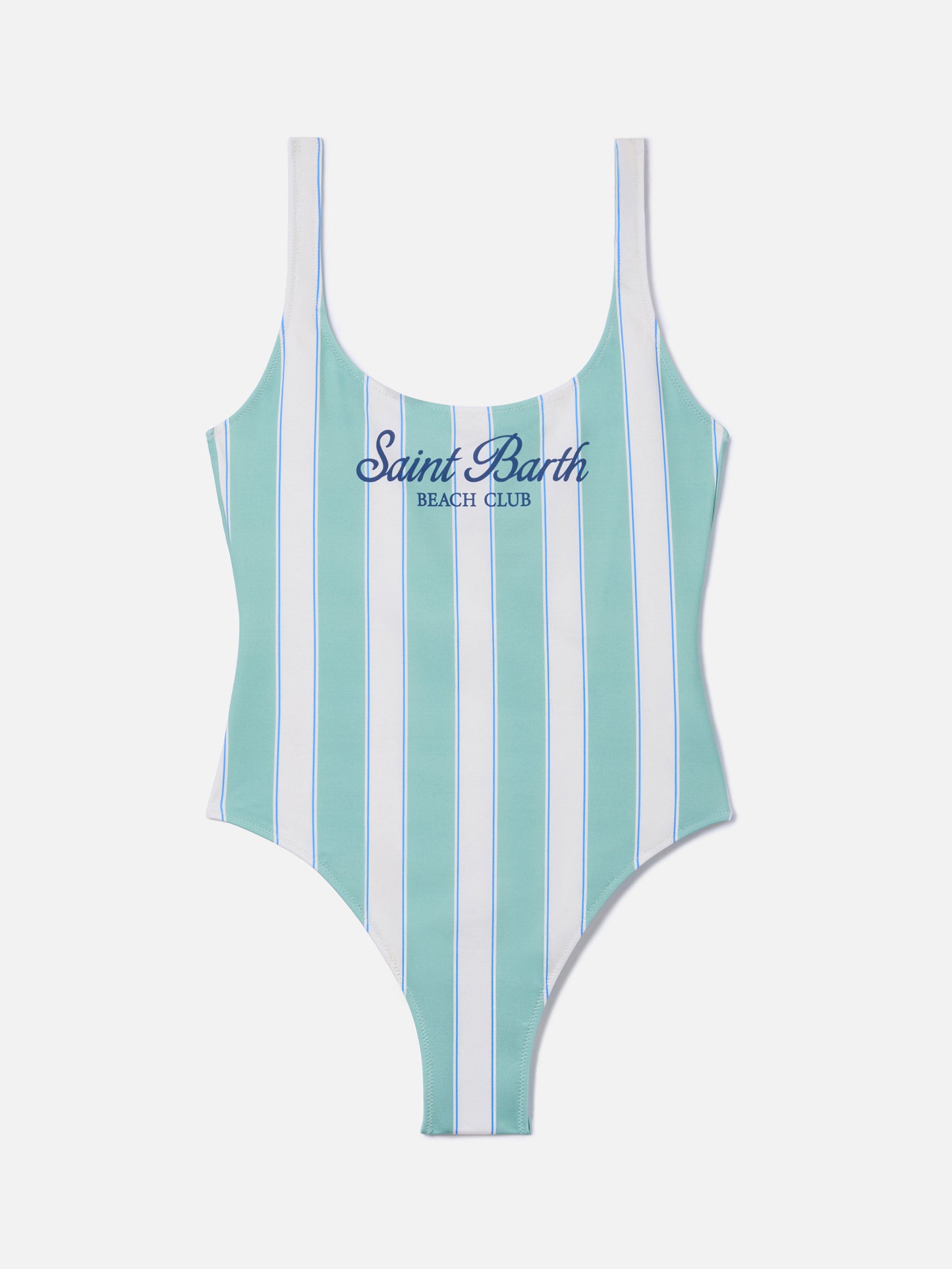 Lora one-piece swimsuit in sage green and cream striped design with Beach Club print