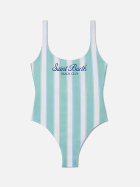 Lora one-piece swimsuit in sage green and cream striped design with Beach Club print
