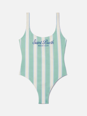 Lora one-piece swimsuit in sage green and cream striped design with Beach Club print