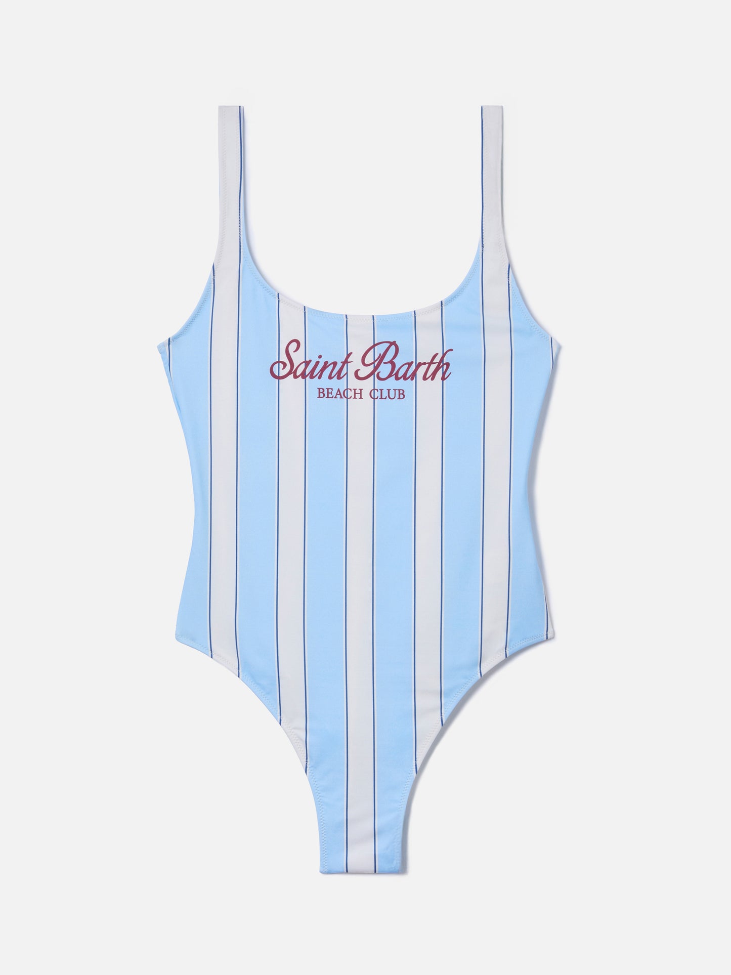 Costume intero Lora a righe azzurre e panna con stampa Beach Club