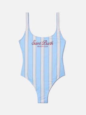 Lora one-piece swimsuit in light blue and cream striped design with Beach Club print
