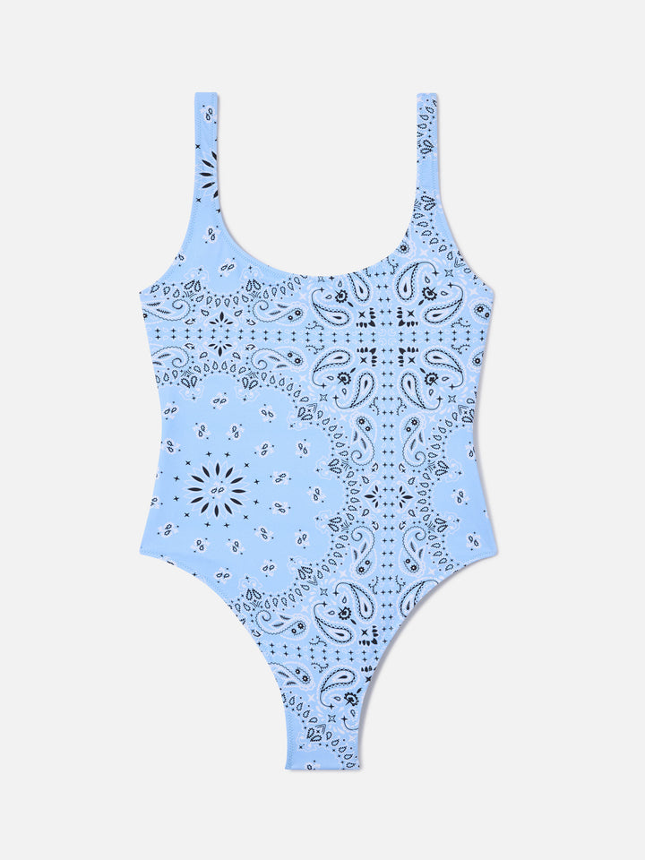 Lora one-piece swimsuit with light blue all-over bandana print
