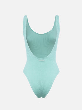 Woman sage green crinkle one piece swimsuit Lora - MC2 Saint Barth