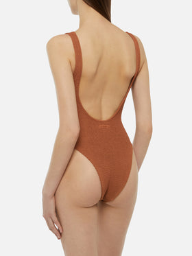 Lora camel brown crinkle one-piece swimsuit - MC2 Saint Barth