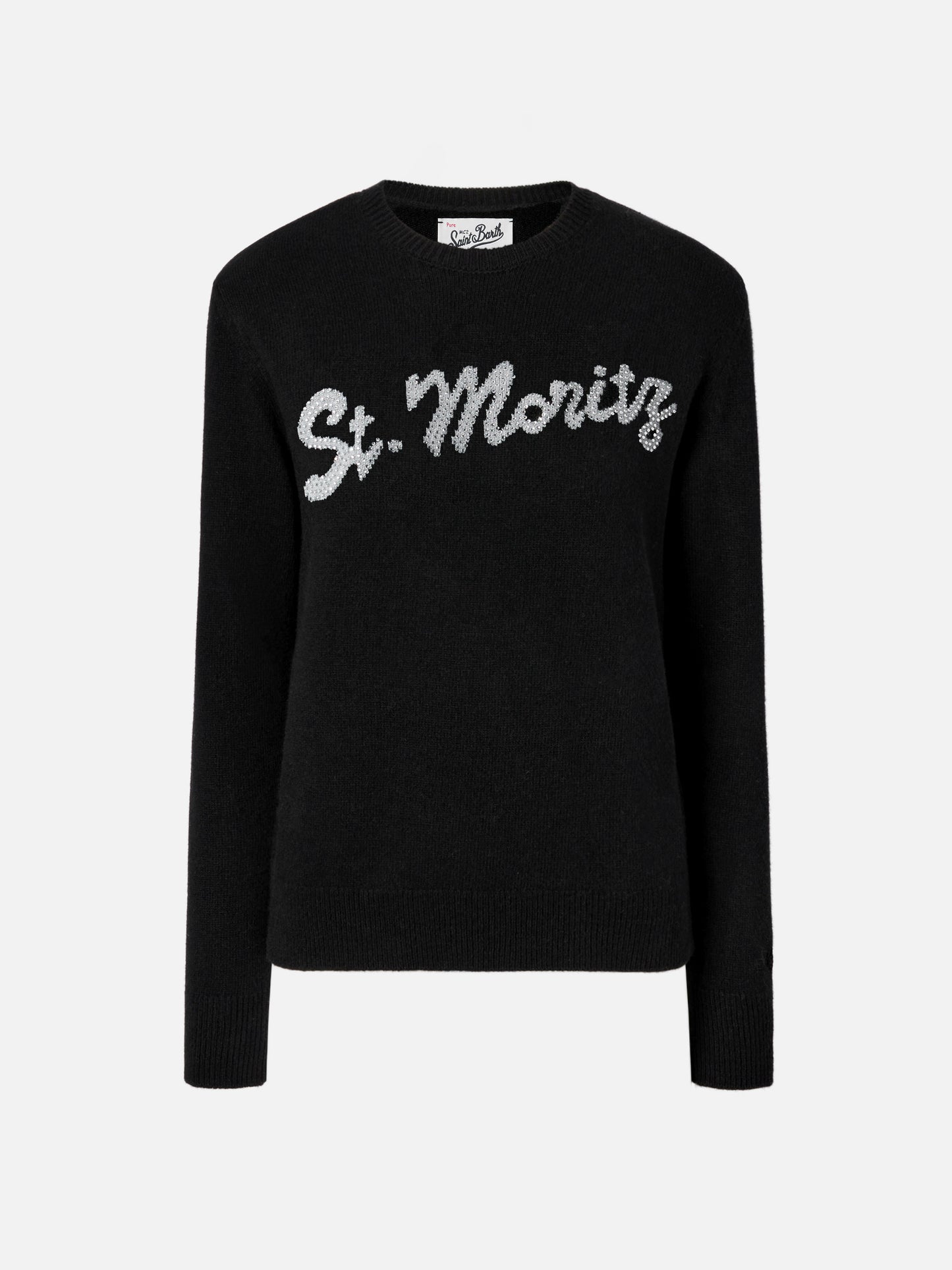 Louise cashmere sweater in black with St. Moritz rhinestone appliqué
