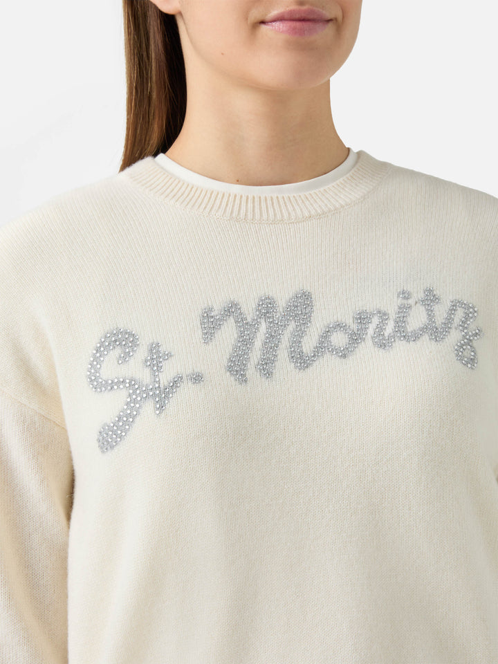 Louise cashmere sweater in white with St. Moritz rhinestone appliqué