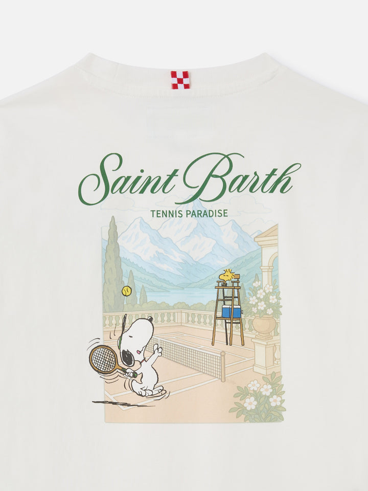 T-shirt bianca a manica lunga in cotone organico Luton con stampa Snoopy sul retro | Special edition