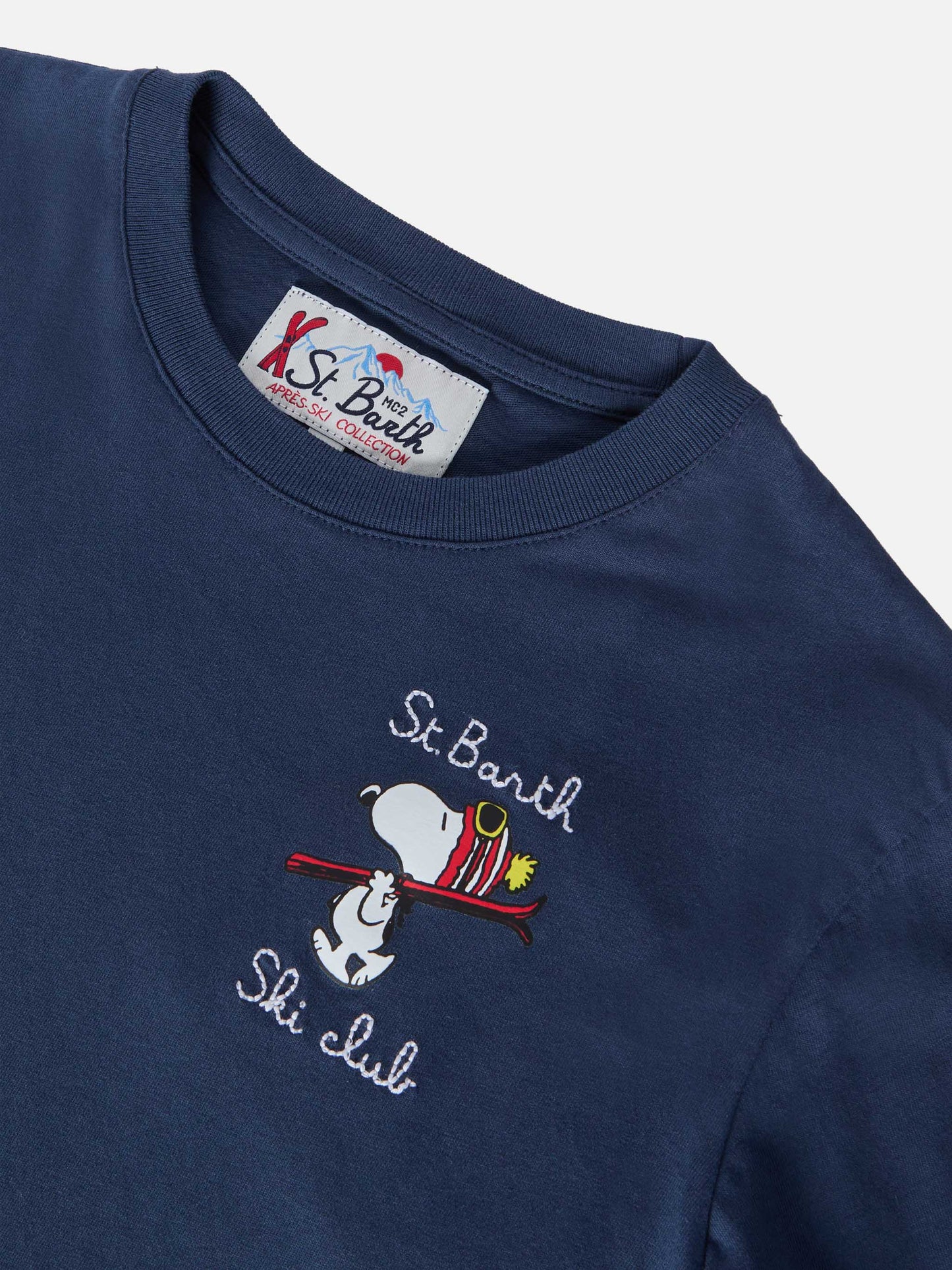 Luton Langarm-Winter-T-Shirt aus Baumwolle in Blau mit Stickerei des St. Barth Ski Clubs und Snoopy-Print | SNOOPY SONDEREDITION