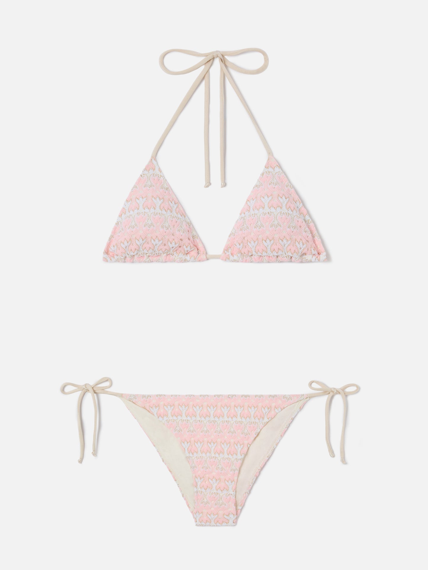 Bikini triangular Levyne en tejido raschel con estampado floral rosa y crema 