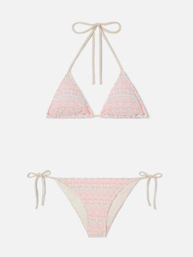 Bikini triangular Levyne en tejido raschel con estampado floral rosa y crema 