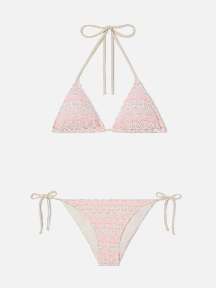 Bikini Levyne triangolo in tessuto raschel con fantasia floreale rosa e panna