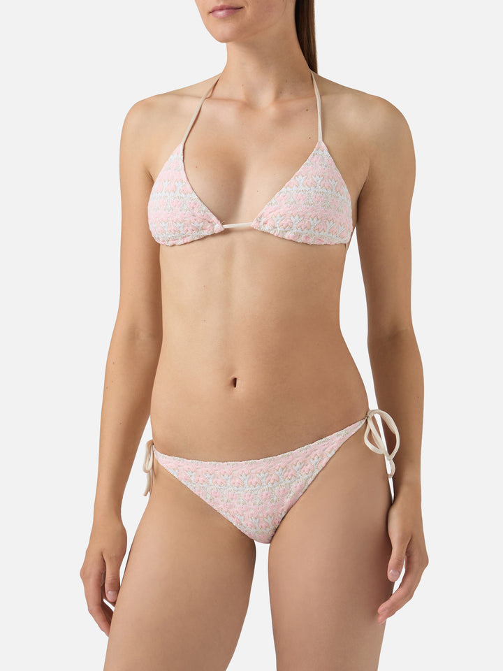 Bikini Levyne triangolo in tessuto raschel con fantasia floreale rosa e panna