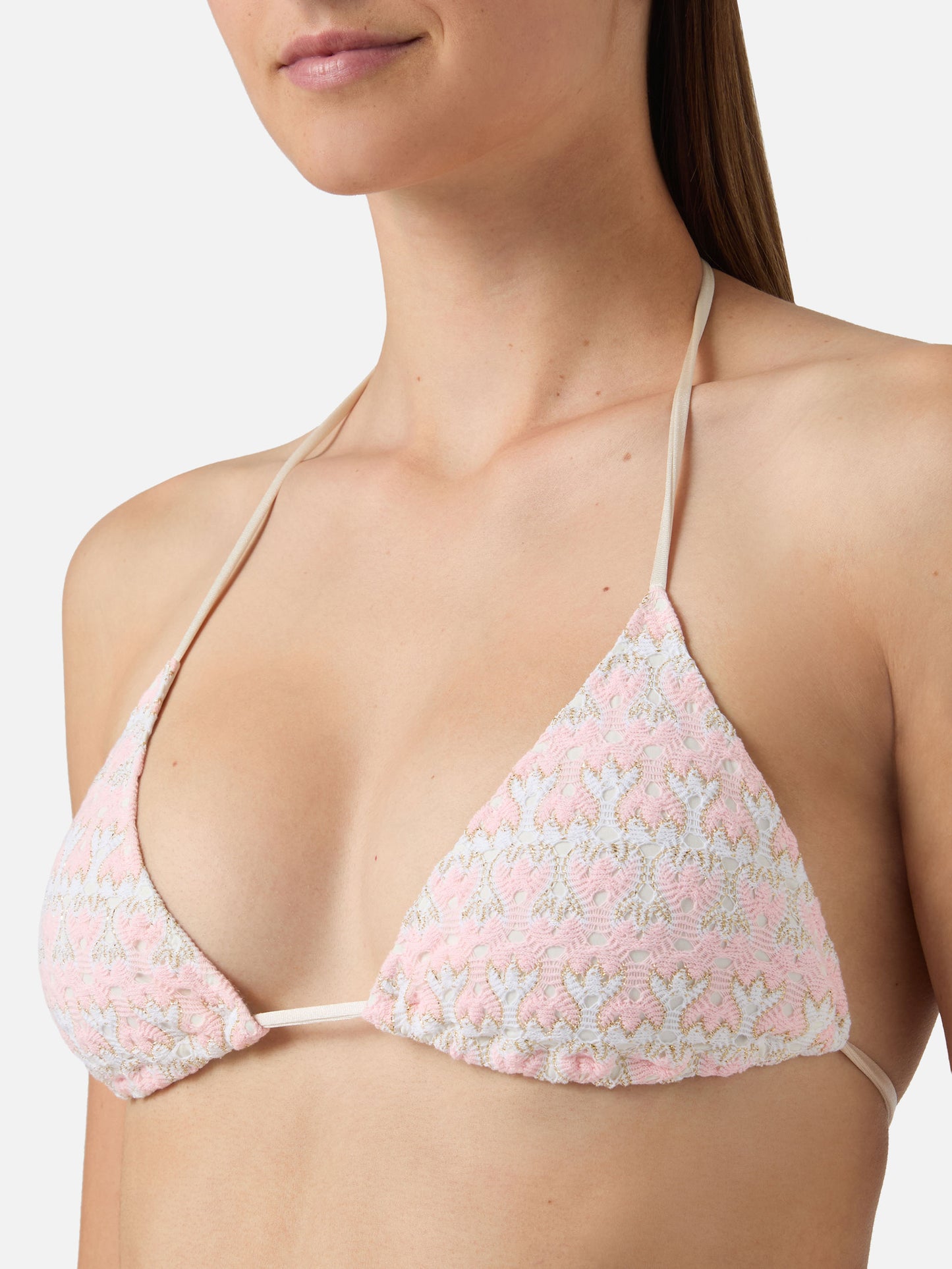 Bikini triangular Levyne en tejido raschel con estampado floral rosa y crema 