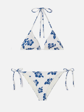 Bikini Levyne triangle in stretch fabric with blue hibiscus print