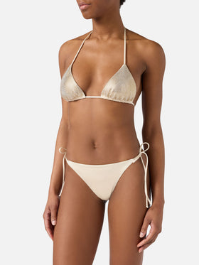 Bikini triangle Maleah en tissu doré à finition brillante avec ornements en strass 