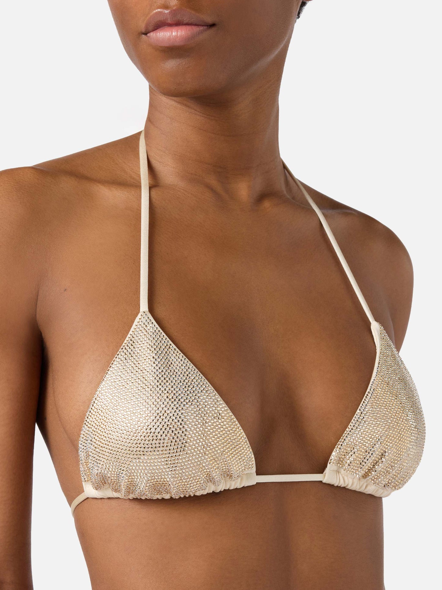 Bikini triangle Maleah en tissu doré à finition brillante avec ornements en strass 