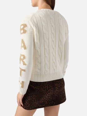 Malmo cable-knit cashmere-blend sweater in white with St. Barth jacquard on the sleeves