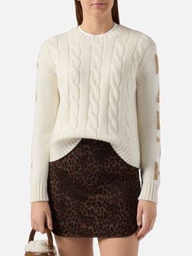 Malmo cable-knit cashmere-blend sweater in white with St. Barth jacquard on the sleeves