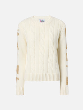 Malmo cable-knit cashmere-blend sweater in white with St. Barth jacquard on the sleeves