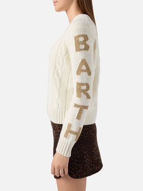 Malmo cable-knit cashmere-blend sweater in white with St. Barth jacquard on the sleeves