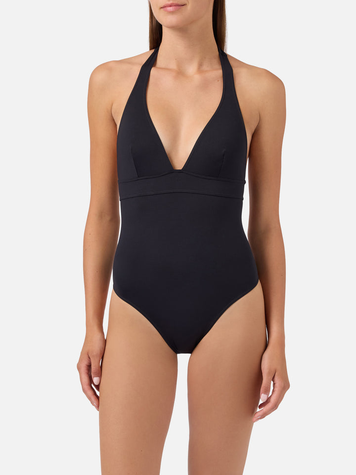 Maillot de bain une pièce Marylin avec liens à nouer autour du cou en noir uni 