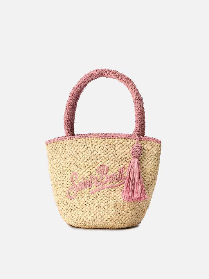 Marcy medium raffia bag with pink details and embroidered logo