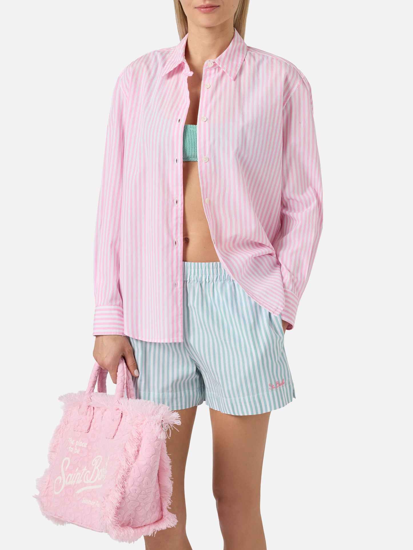 Meredith cotton shirt with pink stripes and Saint Barth embroidery