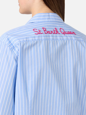 Meredith cotton shirt with light blue stripes and St. Barth Queen embroidery
