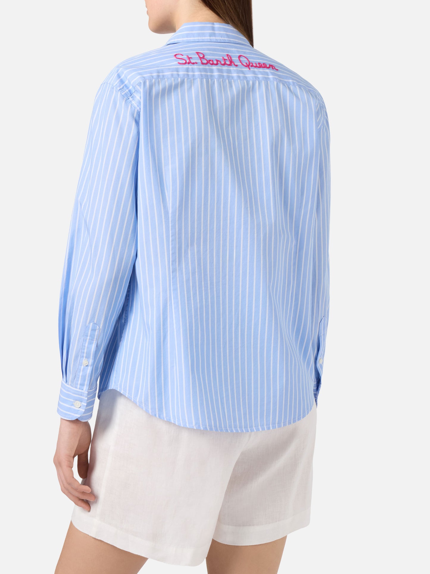 Meredith cotton shirt with light blue stripes and St. Barth Queen embroidery