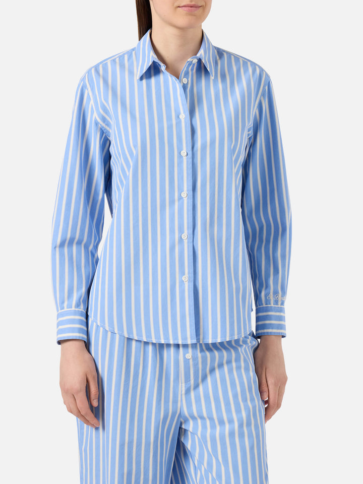 Camicia Meredith in cotone a righe azzurre con ricamo Saint Barth