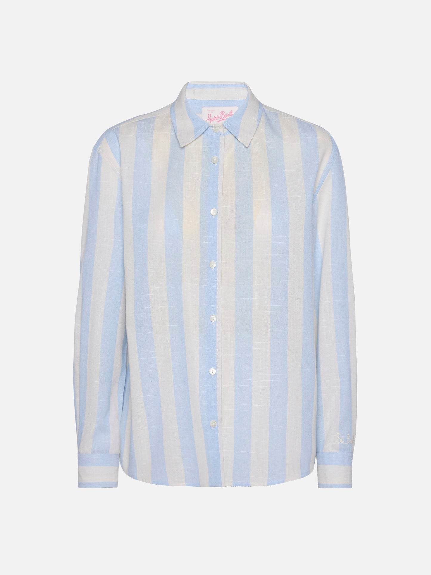Camicia classica in cotone Meredith con stampa a righe azzurre