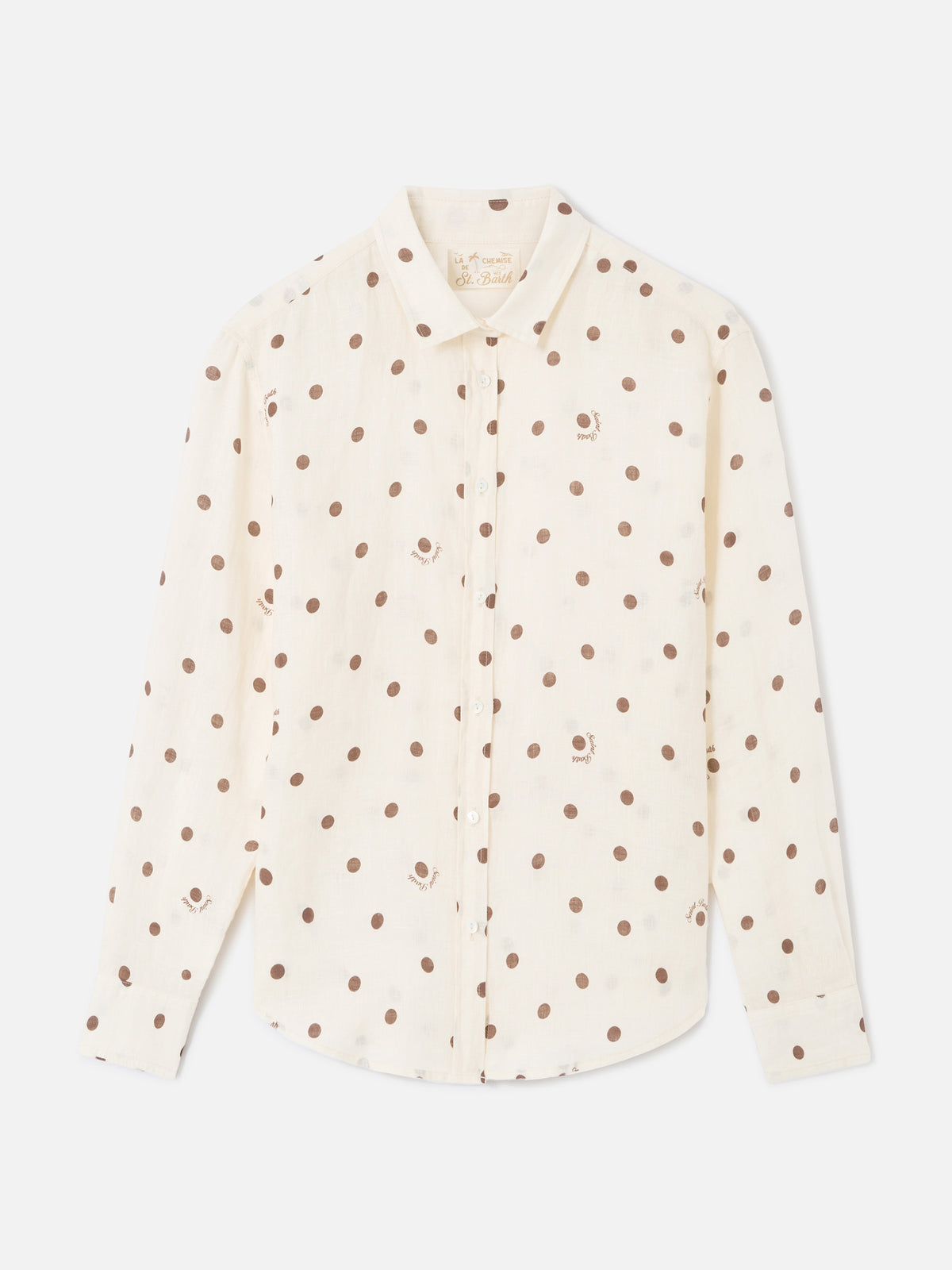 Meredith linen shirt with polka dots and Saint Barth embroidery