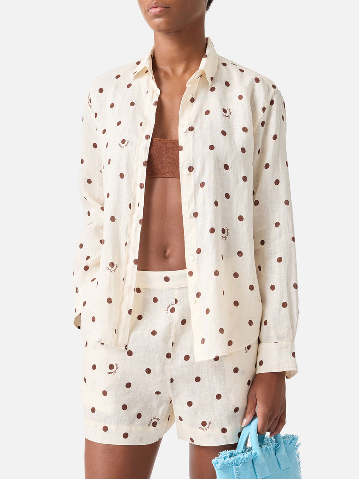 Meredith linen shirt with polka dots and Saint Barth embroidery