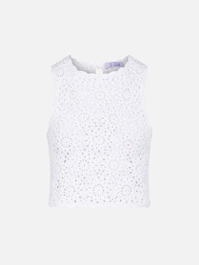Top Medison in crochet bianco con fiori