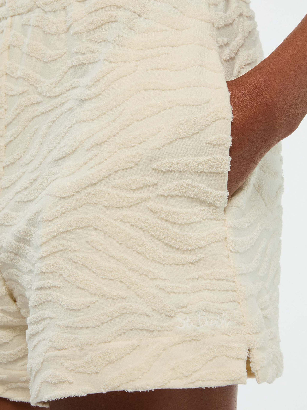 Meave terry cotton pull up shorts with zebra embossed pattern