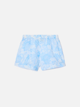 Meave ramie shorts with light blue toile de Jouy print