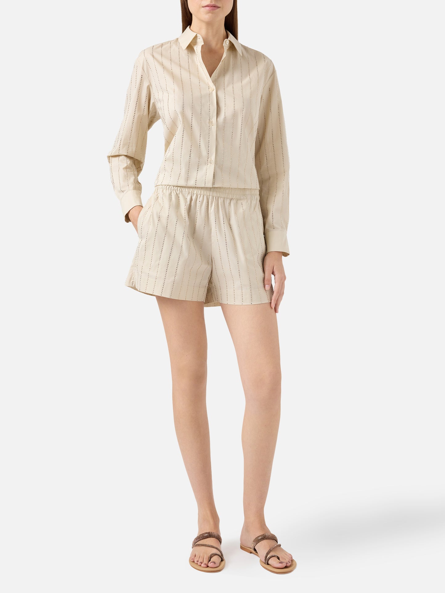 Meave cotton poplin pull up shorts with striped rhinestone embellishment