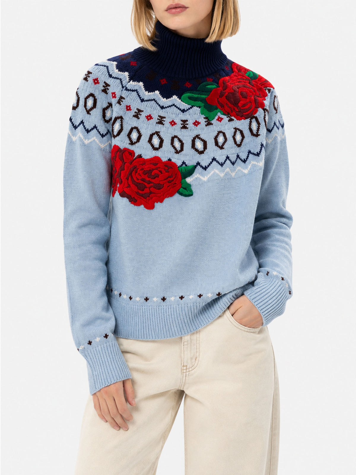 Light blue Meghan Nordic turtleneck sweater with brocade flowers jacquard