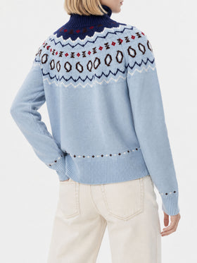 Light blue Meghan Nordic turtleneck sweater with brocade flowers jacquard