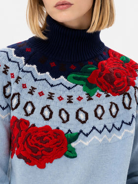 Light blue Meghan Nordic turtleneck sweater with brocade flowers jacquard