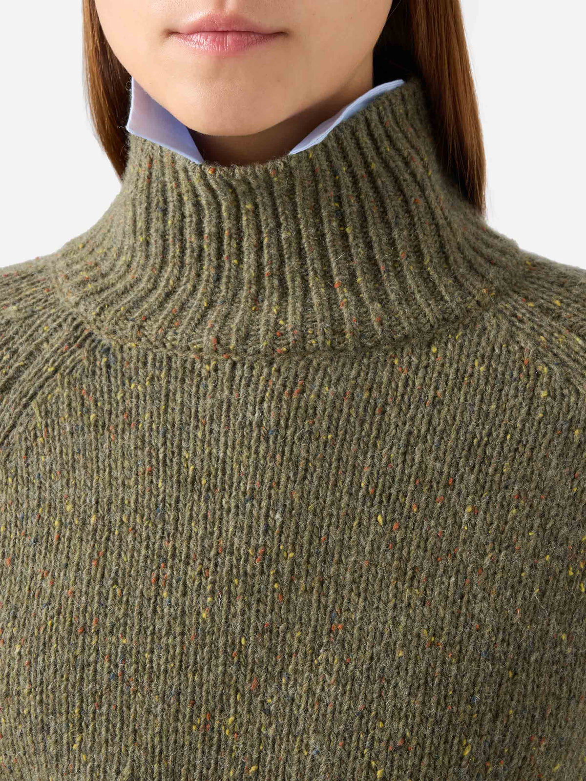 Military green Meghan Donegal turtleneck wool blend knit