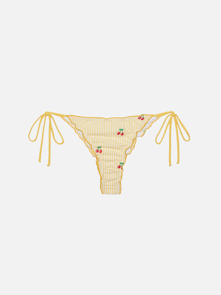 Miami seersucker cheeky swim briefs with striped print and cherry embroidery - Sagittarius seersucker triangle top with striped print and cherry embroidery