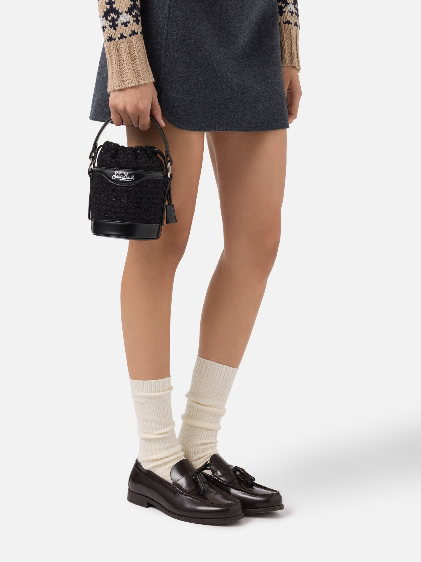 Mila Tweed Bucket Bag aus schwarzem Tweed-Wollmischgewebe