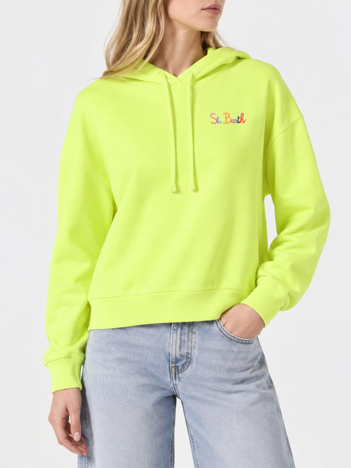 Felpa giallo fluo con cappuccio con ricamo St. Barth