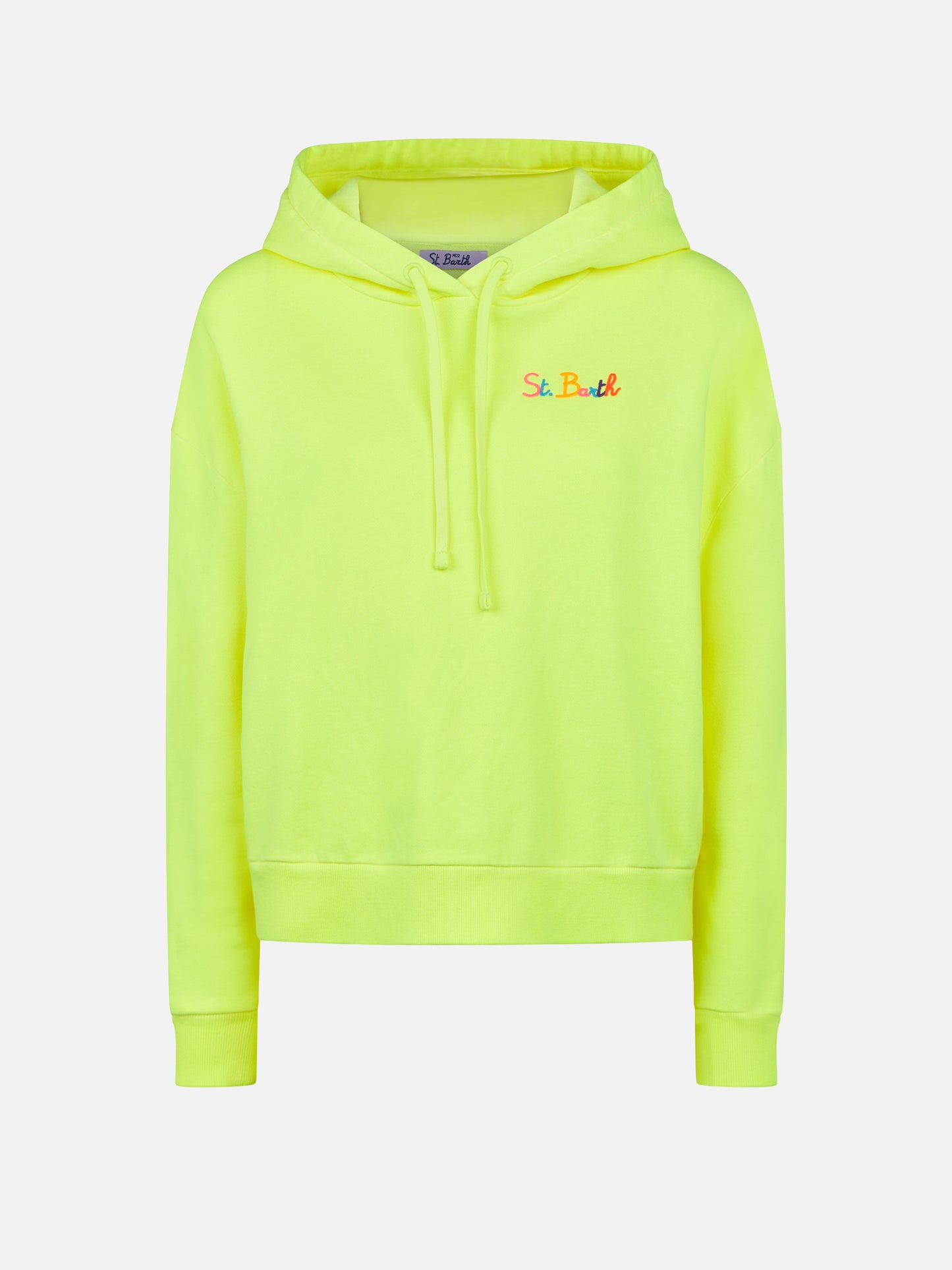 Sweat à capuche jaune fluo avec broderie St. Barth 