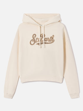 Sudadera con capucha Mindy Off white con inserto de logo tartán 
