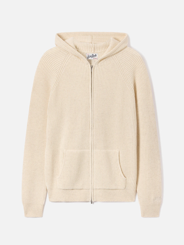 Beige Malcolm wool hooded knit with full zip