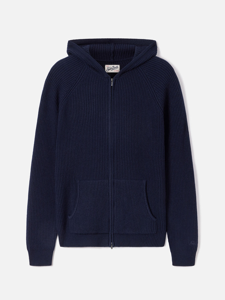 Navy blue Malcolm wool hooded knit with full zip