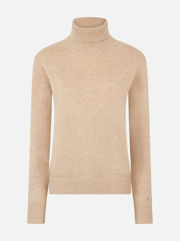 Woman beige pure cashmere turtleneck sweater Moody - MC2 Saint Barth