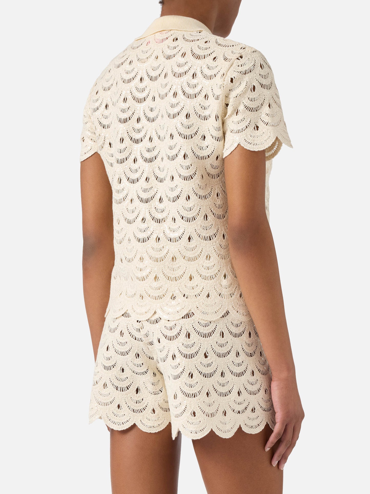 Meave crochet-effect cotton knit polo with sequins